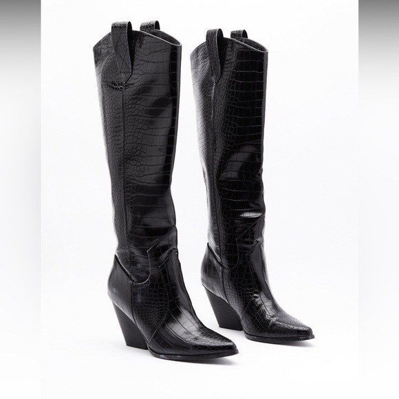 Y2K Retro Black Knee High Alligator Chunky Heeled Cowboy Boots 41 - Picture 3 of 10